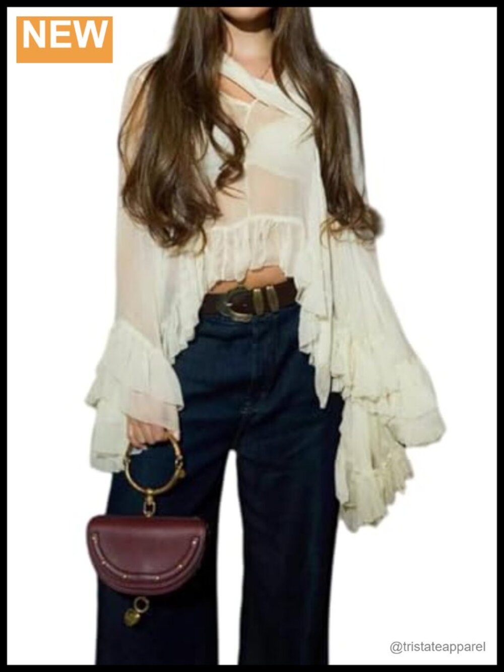 Ruffled Sheer Blouse Long Sleeve Halter Neck Women's Luxury Going Out Top